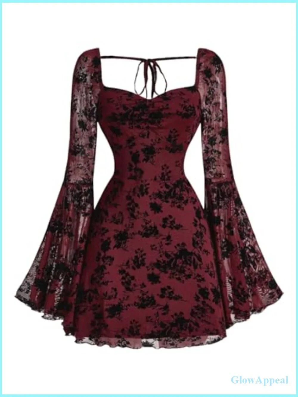 Vintage Gothic Floral Jacquard Mesh Dress Bell Long Sleeve A-Line - Picture 2 of 7